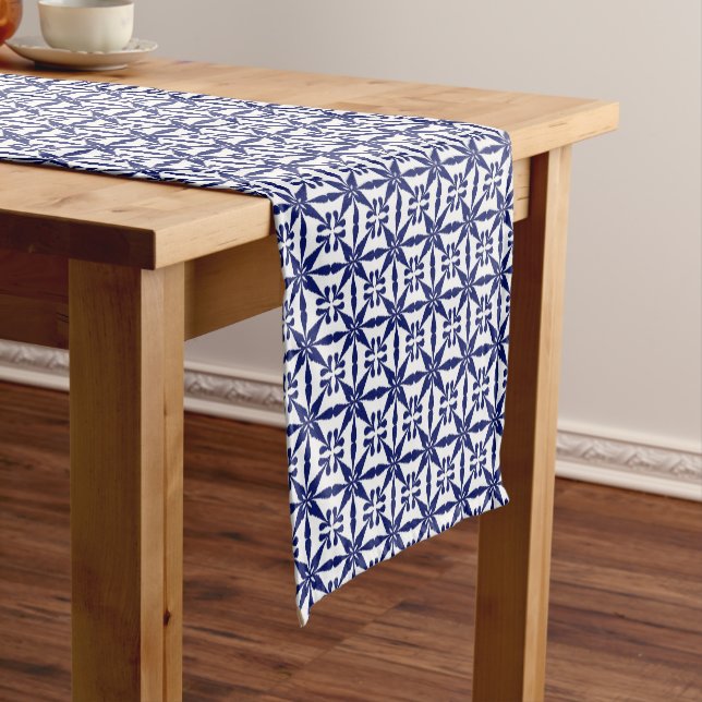 Ikat Star Pattern, Navy Blue and White Short Table Runner (In Situ)
