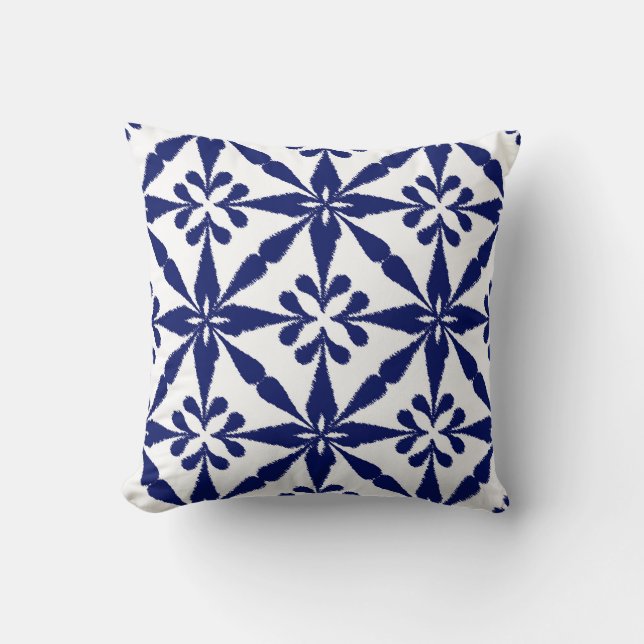 Ikat Star Pattern - Navy Blue and White Throw Pillow (Front)