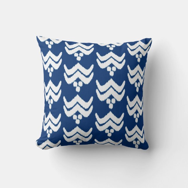 Ikat stylized floral -  indigo blue and white throw pillow (Front)