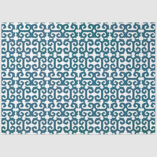 IKAT Tribal Pattern Teal Blue Greek Key Decoupage Tissue Paper (Front)