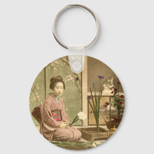 Ikebana - Beautiful Kimono Girls Arranging Flowers Keychain