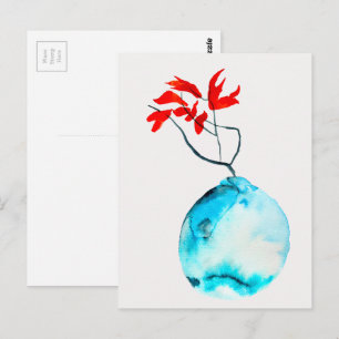 Ikebana blue vase watercolor art postcard