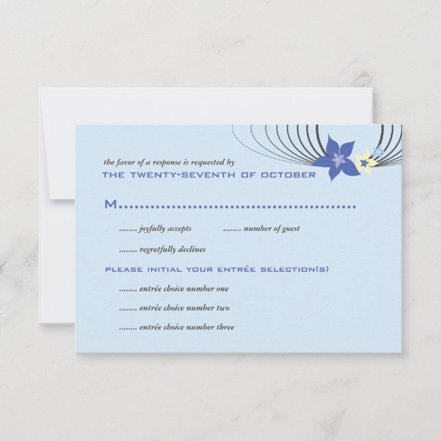 Ikebana Frangipani Blue Tropical Flower Wedding RSVP Card (Front)