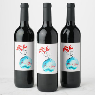 Ikebana watercolor blue vase wine label