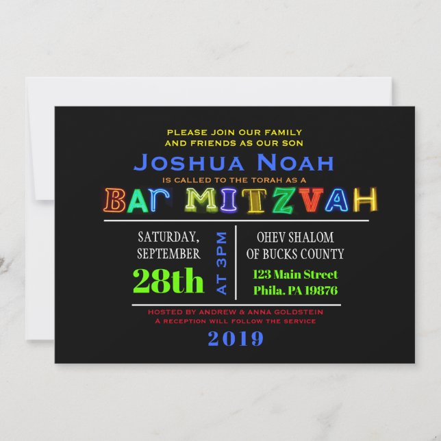 IL est ÉLECTRIQUE ! Invitation AU NÉON de Mitzvah (Devant)