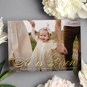 Il est Risen Gold Foil Script Photo Carte Pâques