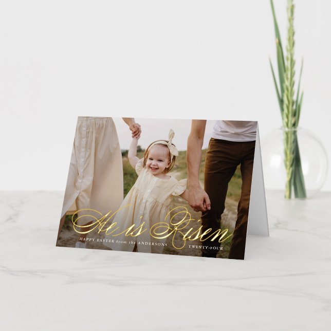 Il est Risen Gold Foil Script Photo Carte Pâques (Recto)