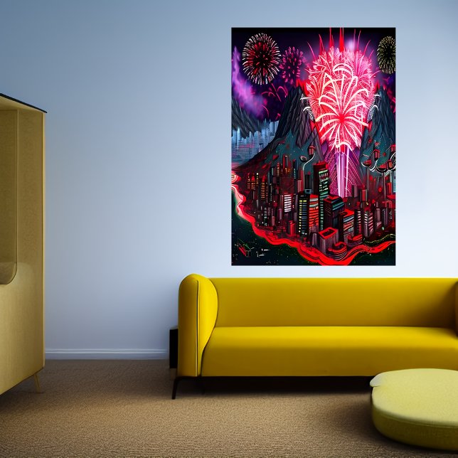 Île, ville et feu d'artifice | AI Art Poster (Créateur téléchargé)