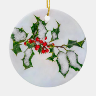 Ilex Red Christmas Holly Berries in Winter Snow -- Ceramic Ornament