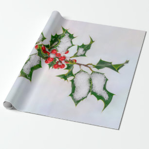 Ilex Red Christmas Holly Berries in Winter Snow -- Wrapping Paper