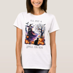 "I'll put a Spell" Witch Bats Black Cat Halloween T-Shirt