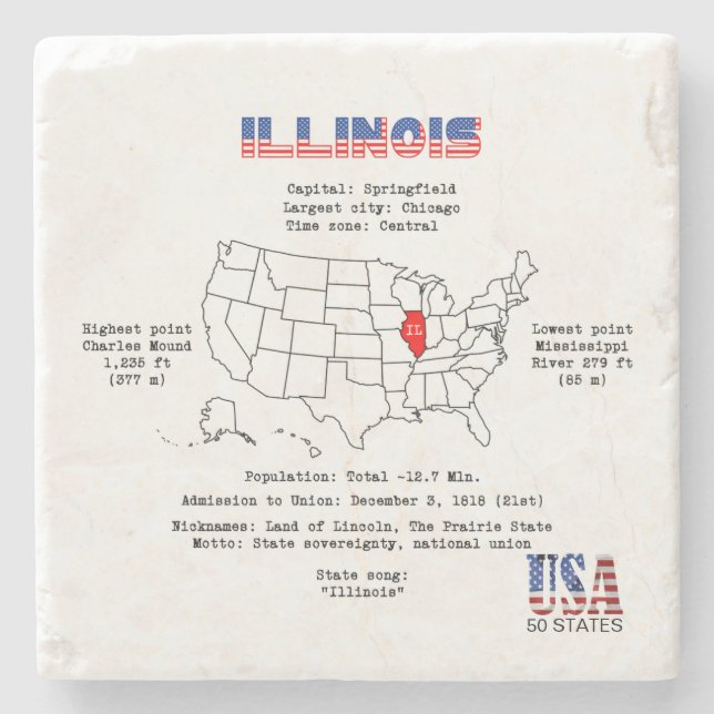 Illinois American state on a map and useful info Stone Coaster (Front)
