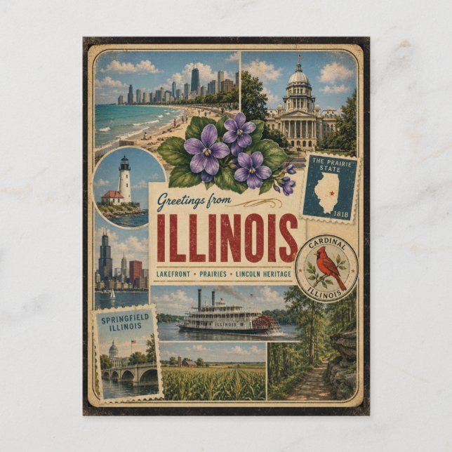 Illinois Authentic Vintage Style Postcard (Front)