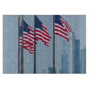Illinois, Chicago. Navy Pier, US flags flying Cutting Board