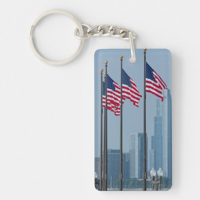 Illinois, Chicago. Navy Pier, US flags flying Keychain (Front)