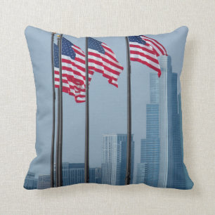 Illinois, Chicago. Navy Pier, US flags flying Throw Pillow