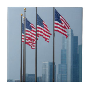 Illinois, Chicago. Navy Pier, US flags flying Tile