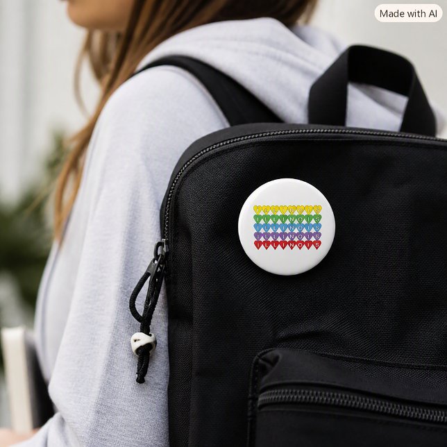 Illinois Heart Pattern Rainbow State Pride Design 2 Inch Round Button (A pin back button that says Illinois in yellow, green, blue, purple & red hearts.)