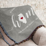 Illinois Home State Personalized Rustic Throw Blanket<br><div class="desc">Show some home state pride with this cute rustic grey throw blanket featuring "home" in white calligraphy script lettering with a silhouette map of the state of Illinois standing in for the letter "O." A pink heart illustration inside the state map completes the design; you can change the position of...</div>