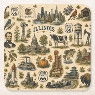 Illinois Route 66 Skyline Sips Square Paper Coaster