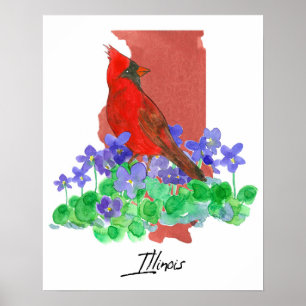 Illinois State Shape Cardinal Purple Wood Violets Poster