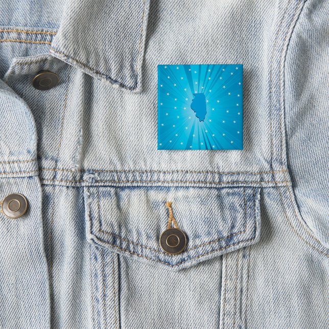 Illinois State Silhouette Blue Starburst 2 Inch Square Button (Creator Uploaded)