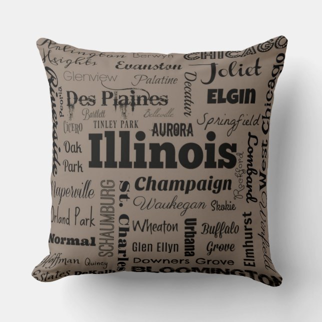 Illinois typography throw pillow in taupe & black (Front)