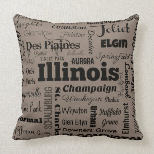 Illinois typography throw pillow in taupe & black