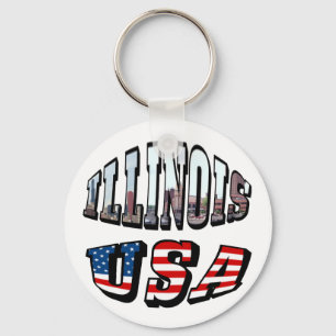 Illinois USA Flag & State Photo Text Keychain