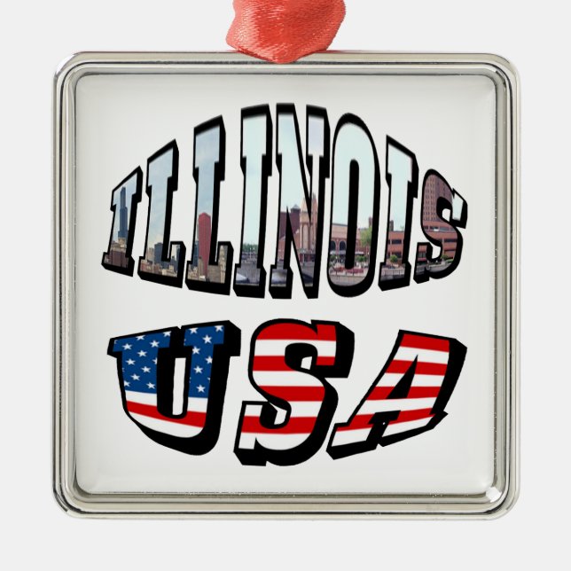 Illinois USA Flag & State Photo Text Metal Ornament (Front)