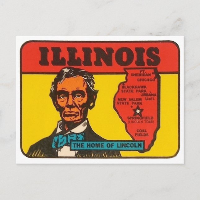 Illinois vintage state decal with Lincoln Postcard (Front)