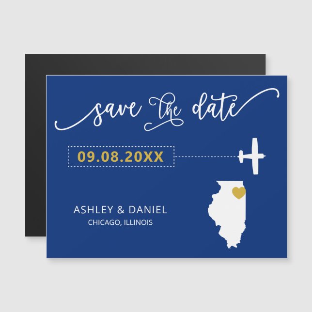 Illinois Wedding Save the Date Card, Map Magnetic Invitation (Front/Back)