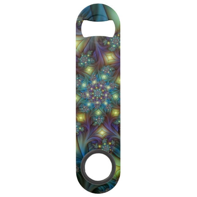 Illuminated Abstract Shiny Teal Purple Fractal Art Bar Key (Front)