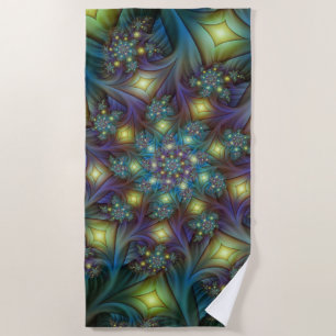 Illuminated Abstract Shiny Teal Purple Fractal Art Beach Towel