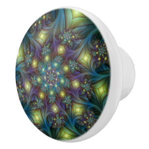 Illuminated Abstract Shiny Teal Purple Fractal Art Ceramic Knob