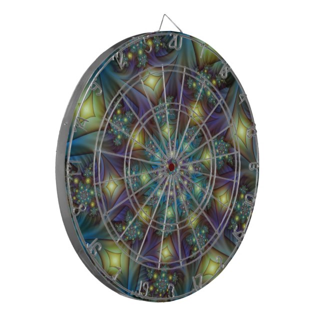 Illuminated Abstract Shiny Teal Purple Fractal Art Dartboard (Front Left)