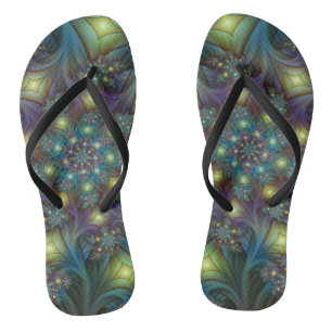 Illuminated Abstract Shiny Teal Purple Fractal Art Flip Flops