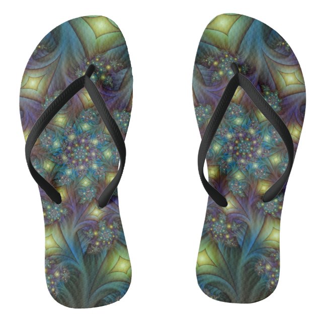 Illuminated Abstract Shiny Teal Purple Fractal Art Flip Flops (Footbed)