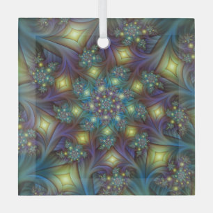 Illuminated Abstract Shiny Teal Purple Fractal Art Glass Ornament