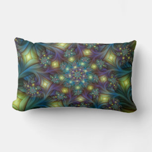 Illuminated Abstract Shiny Teal Purple Fractal Art Lumbar Pillow
