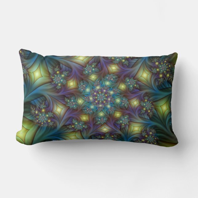Illuminated Abstract Shiny Teal Purple Fractal Art Lumbar Pillow (Front)