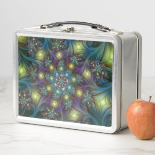 Illuminated Abstract Shiny Teal Purple Fractal Art Metal Lunch Box