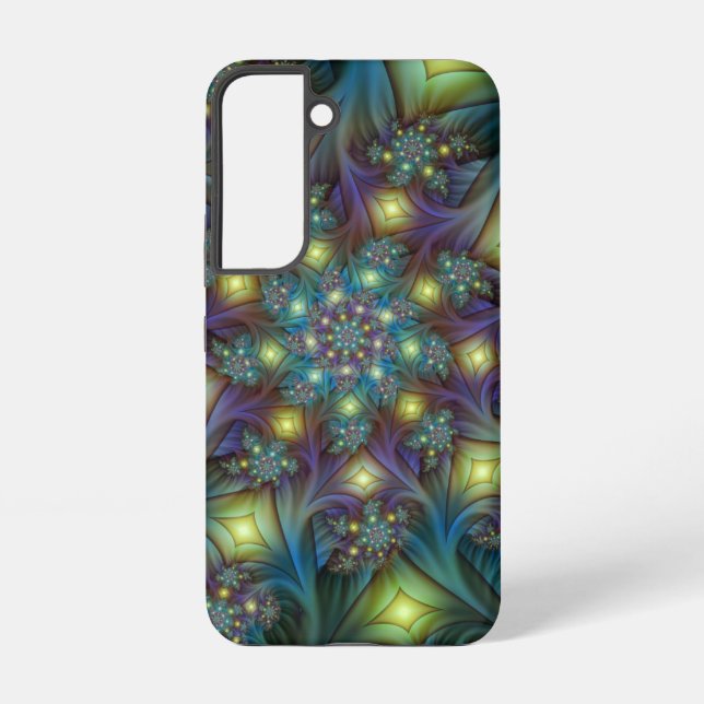 Illuminated Abstract Shiny Teal Purple Fractal Art Samsung Galaxy S22 Case (Back)