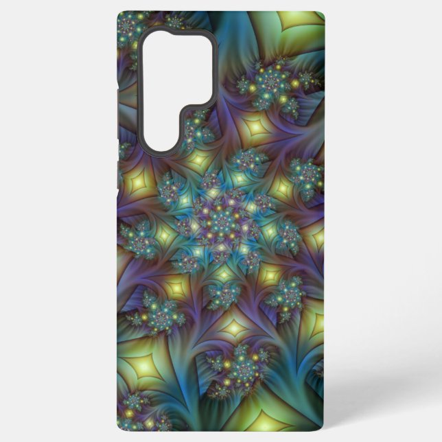 Illuminated Abstract Shiny Teal Purple Fractal Art Samsung Galaxy S22 Ultra Case (Back)