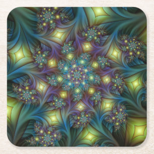 Illuminated Abstract Shiny Teal Purple Fractal Art Square Paper Coaster