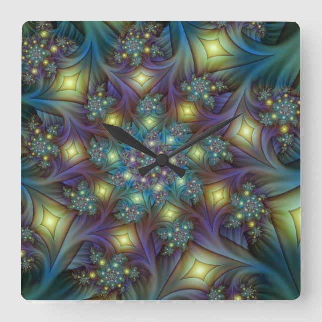 Illuminated Abstract Shiny Teal Purple Fractal Art Square Wall Clock (Front)