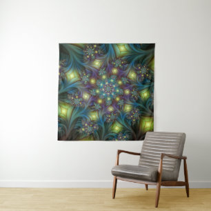 Illuminated Abstract Shiny Teal Purple Fractal Art Tapestry
