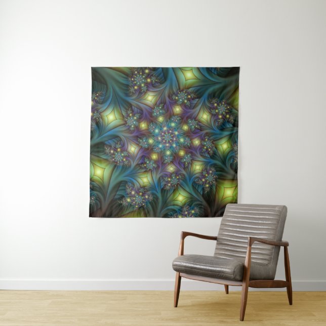 Illuminated Abstract Shiny Teal Purple Fractal Art Tapestry (In Situ)