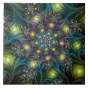 Illuminated Abstract Shiny Teal Purple Fractal Art Tile