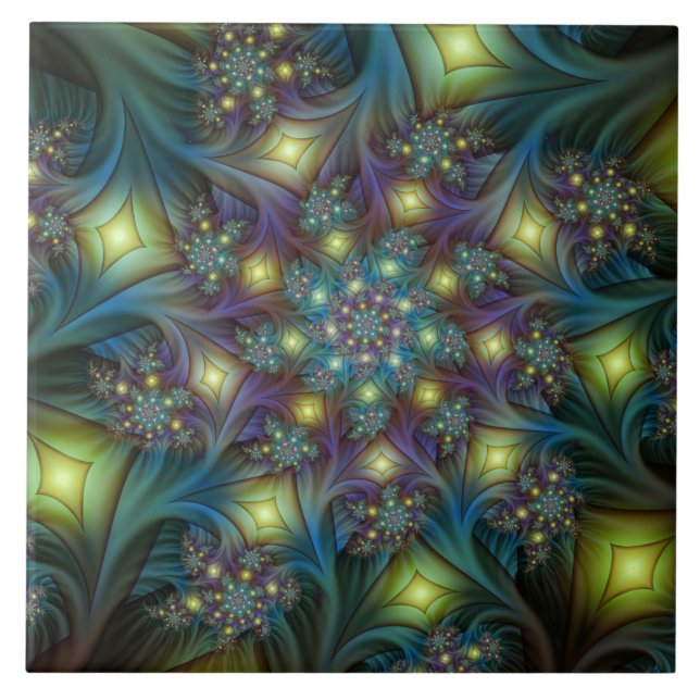 Illuminated Abstract Shiny Teal Purple Fractal Art Tile (Front)